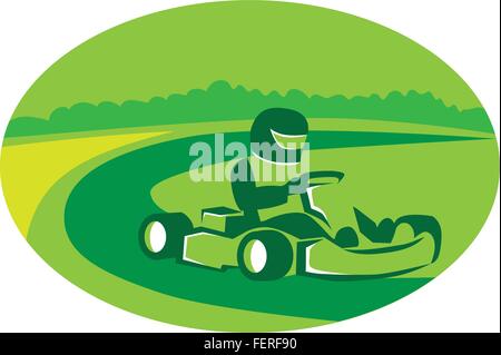 Illustrazione di un uomo in un go kart racing insieme all'interno di forma ovale con alberi e corse via in background fatto in stile retrò. Illustrazione Vettoriale