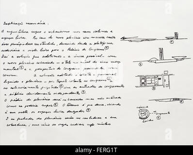 Questa opera senza titolo dell'architetto brasiliano Oscar Niemeyer, creata con inchiostro su carta, misura 50 cm x 60 cm. Noto per il suo approccio modernista, i disegni di Niemeyer riflettono il suo caratteristico stile architettonico fluido, un segno distintivo del modernismo brasiliano. Foto Stock