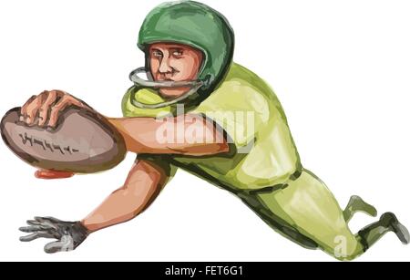 La caricatura illustrazione di un giocatore di football americano sfera portante facendo un touchdown visto dal lato anteriore impostato su isolato sullo sfondo bianco. Illustrazione Vettoriale