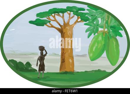 Stile acquerello illustrazione del baobab e frutta che cresce in aree pianeggianti, in Africa e in Australia e Donna con cesto sulla testa insieme all'interno di forma ovale. Illustrazione Vettoriale