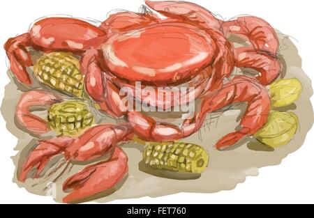 Stile acquerello illustrazione di Cajun seafood shwoing gamberetti, gamberi e granchi con limone e tutolo di mais impostare sulla isolato sullo sfondo bianco. Illustrazione Vettoriale