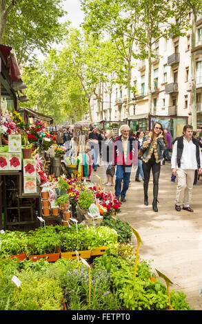 Pressione di stallo di fiori su Las Ramblas di Barcellona, Spagna, Europa Foto Stock