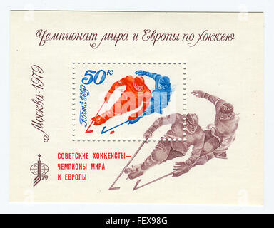 Un timbro stampato in URSS mostra immagine del 1979-1980 lega sovietica stagione fu il trentaquattresimo anno di competizione in Champio sovietica Foto Stock