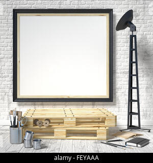 Mock up poster frame in art atelier, 3D Rendering immagine Foto Stock
