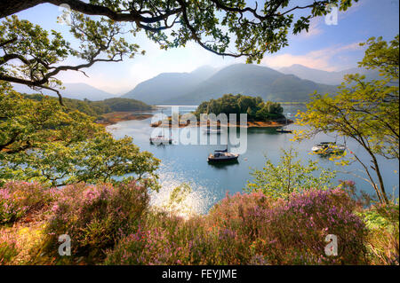 Yacht al di ancoraggio nella baia di vescovi sul Loch Leven, Ballachulish, West Highlands. Foto Stock