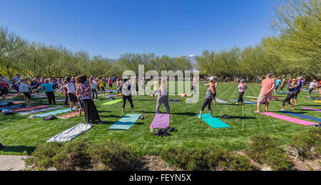 Un grande gruppo di uomini e donne di tutte le età passa attraverso le loro pone sul prato di un outdoor yoga classe al centro Sunnylands. Foto Stock