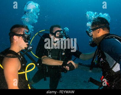 Navy Diver 1a classe Troy Crowder, assegnato alla stazione navale di Guantánamo Bay a Cuba Dive Locker, orologi come Capt. David Culpepper, Comandante, stazione navale di Guantánamo Bay si congratula con ND3 Gordon Brown dopo la sua underwater frocking cerimonia durante un sondaggio sulla barriera corallina immersione a una sana reef al largo della Baia di Guantanamo, nov. 23, 2015. Culpepper si confronta la sua esperienza con immersioni su più facilmente accessibili le scogliere al fine di valutare i possibili effetti della subacquea ricreativa sull'ecosistema. (U.S. Navy combattere la foto della telecamera tramite la comunicazione di massa Specialist 1a classe Charles E. Bianco/RILASCIATO) Foto Stock