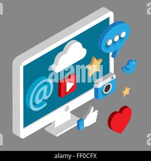 Social media flat 3D isometrica concetto icone vettoriali. Illustrazione Vettoriale