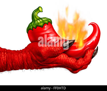 Hot Pepper diavolo mano come un peperoncino rosso brucia in fiamme essendo tenuto da un demone mano come un simbolo di cibo per il condimento piccante cucina isolata su uno sfondo bianco. Foto Stock