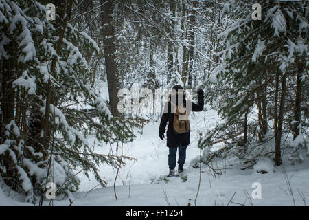 Escursionista caucasica passeggiate nel bosco innevato Foto Stock