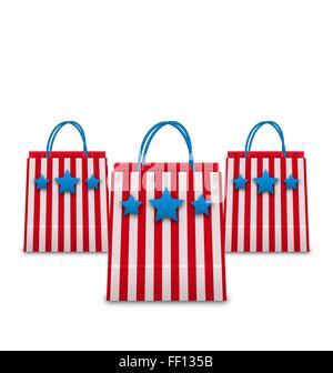 Borse per lo shopping in America colori patriottici. Pacchetti isolati su sfondo bianco Illustrazione Vettoriale