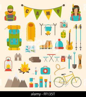 Raccolta di campeggio e attrezzatura per le escursioni, i simboli colorati e icone isolato Illustrazione Vettoriale