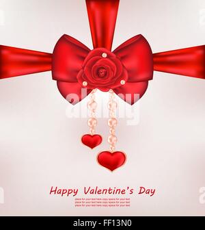 Biglietto di auguri con fiocco rosso, rosa, cuore, perle per Valentines D Illustrazione Vettoriale