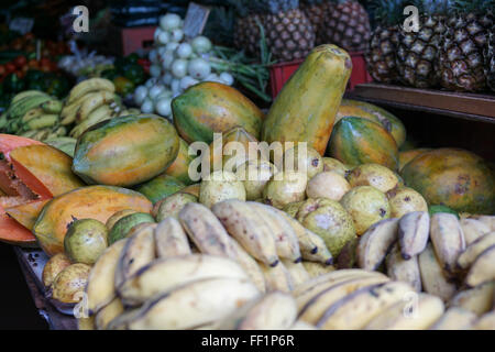 Mercato di frutta e verdura con impostazioni internazionali tropicali prodotti in Havana, Cuba Foto Stock