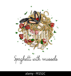 Disegnata a mano illustrazione di spaghetti con pomodori e cozze Foto Stock