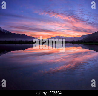 Vista panoramica del Pian di Spagna allagato con vette innevate riflessi nell'acqua al tramonto, la Valtellina, Lombardia, Italia, Europa Foto Stock