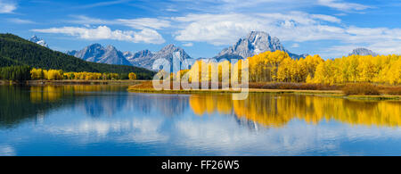 Montare Moran e i Teton Range da lanca Bend, Snake River, Grand Tetons NationaRM Park, Wyoming, Stati Uniti d'America Foto Stock