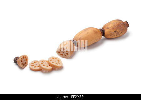 Fresh Lotus root e le fette su sfondo bianco Foto Stock