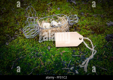 Coniglietto di pasqua cesto con tag in legno sul verde muschio Foto Stock