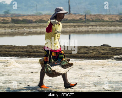 Febbraio 10, 2016 - Divieto di Laem, Phetchaburi, Tailandia - un sale field worker trasporta ceste di sale al sale granaio all inizio del sale raccolto in Phetchaburi provincia della Thailandia. Il sale raccolto in Thailandia di solito inizia in febbraio e prosegue attraverso il Maggio. Il sale viene raccolto in molte delle province lungo la costa, ma il sale campi nella provincia Phetchaburi sono considerati i più produttivi. Le saline sono inondati con acqua di mare, che evapora off lasciando sale dietro. Per la produzione di sale si basa su condizioni di tempo asciutto e i produttori sono sperando che l'attuale siccità comporterà una più harv Foto Stock