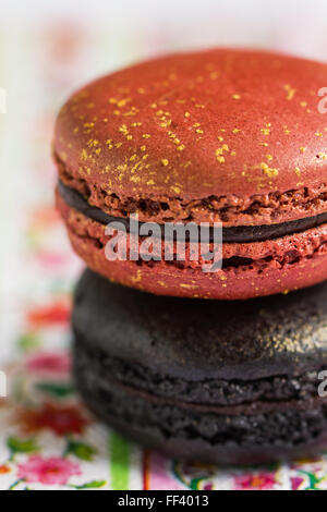 Rosa con la formazione di polvere di oro e tartufo nero Macaron Foto Stock