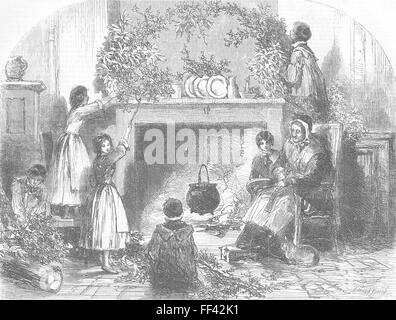 Le famiglie di Natale Capodanno-mettendo a Holly, vischio 1855. Illustrated London News Foto Stock