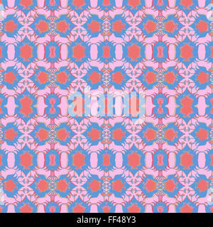 Decorazione in stile vintage ornate lace seamless pattern design in blu pallido e toni di rosso contro la luce sfondo rosa. Foto Stock