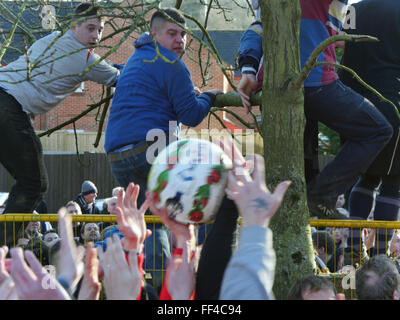 Ashbourne, Derbyshire, Regno Unito. Il 10 febbraio, 2016. Il Mercoledì delle Ceneri partita di calcio strega è il secondo giorno del Royal Shrovetide Football Match in Ashbourne, Derbyshire 2016 Royal Shrovetide Football presenta il bizzarro gioco di calcio che è giocato oltre due ore di otto periodi su shrovetide chiuso il martedì e il Mercoledì delle Ceneri. I pali 3 miglia al di là del fiume che separava il Northern & la metà meridionale del Derbyshire città. Credito: Doug Blane/Alamy Live News Foto Stock