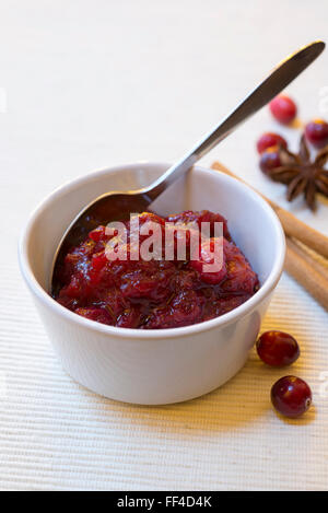 Fresh salsa di mirtilli con spezie su uno sfondo color crema. Foto Stock