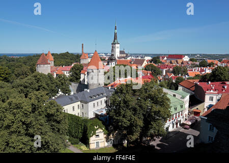 Vista da una piattaforma di osservazione sopra la Città Vecchia di Tallinn, Estonia verso St Olaf's Church. Foto Stock