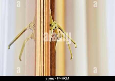 Dettaglio shot con vintage golden handle della finestra su una tavola di legno sul telaio di una finestra Foto Stock