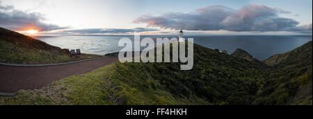 Segno con le distanze in km e nm da Cape Reinga, Nuova Zelanda al crepuscolo Foto Stock