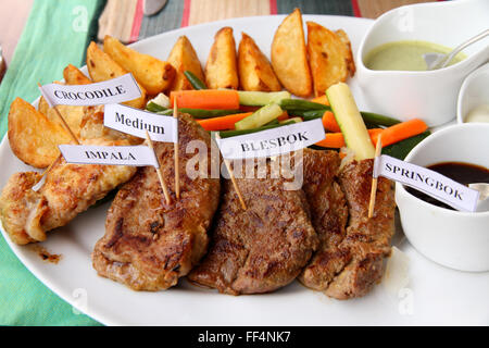 Una piastra di selvaggina africana carni con salse e verdure e patatine fritte potatoe. Le carni vengono contrassegnati con piccoli segni di stuzzicadenti; crocodi Foto Stock