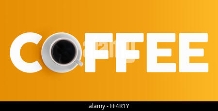 Concetto di caffè design banner con testo e mug dalla vista dall'alto sul colore di sfondo. Foto Stock