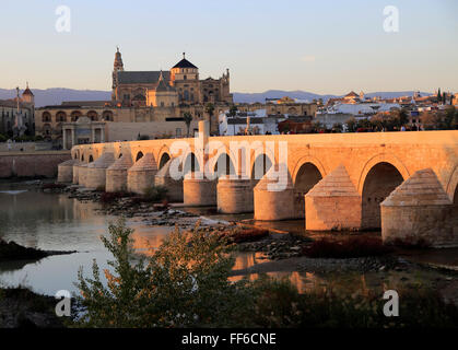 Ponte romano spanning fiume Rio Guadalquivir con Cattedrale Mezquita di edifici, Cordoba, Spagna Foto Stock