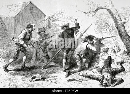 La guerra rivoluzionaria americana (1775-1783). Battaglie di Lexington e Concord. Aprile 19, 1775. Incisione di Darley. La Rivoluzione Americana, xix secolo. Foto Stock
