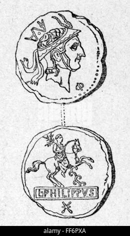 Soldi / finanze, monete, mondo antico, Impero Romano, Denario del maestro della zecca Lucius Marcius Philippus, 112 a.C., ricordo all'ambasciata del console Quintus Marcius Philippus al re Filippo V di Macedonia, 186 a.C., ossverso e inverso, incisione del legno, 19 ° secolo, romana, romana, romana, cavallo, cavalli, cavaliere, cavaliere, pilota, Riders, ritratto, la, Repubblica Romana, monete, moneta, mondo antico, epoche antiche, storico, storico, diritti aggiuntivi-clearences-non disponibile Foto Stock