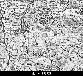 Cartografia, mappa, Germania, Oberland bavarese, incisione su rame, secolo XVII, elettori Baviera, Baviera, fiume, fiumi Isar, laghi, sul lago Tegernsee, Schliersee, tratto di acque, Alpi, terre prealpini, alpino altopiano, Sacro Romano Impero, Europa Centrale, cartografia, la stampa della mappa, mappa, mappe, storico, storico, artista del diritto d'autore non deve essere cancellata Foto Stock