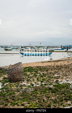 Due cestelli utilizzati per la raccolta delle alghe di allevamento sono visti lasciato vuoto sulla spiaggia nel villaggio di Jungutbatu, Bali, Indonesia. Foto Stock