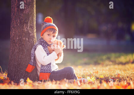 Adorable little boy con Teddy bear nel parco in una giornata autunnale nel pomeriggio, seduto sull'erba Foto Stock