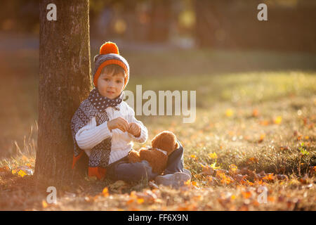 Adorable little boy con Teddy bear nel parco in una giornata autunnale nel pomeriggio, seduto sull'erba Foto Stock