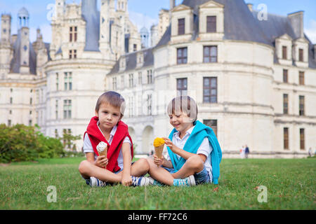 Due ragazzi adorabili in abbigliamento casual, mangiare il gelato seduto su un prato di fronte al più grande castello lungo il fiume Loira, C Foto Stock