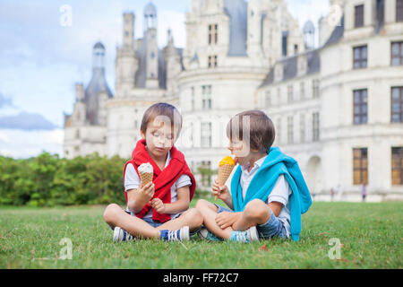 Due ragazzi adorabili in abbigliamento casual, mangiare il gelato seduto su un prato di fronte al più grande castello lungo il fiume Loira, C Foto Stock