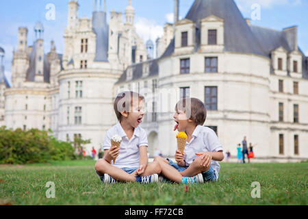 Due ragazzi adorabili in abbigliamento casual, mangiare il gelato seduto su un prato di fronte al più grande castello lungo il fiume Loira, C Foto Stock