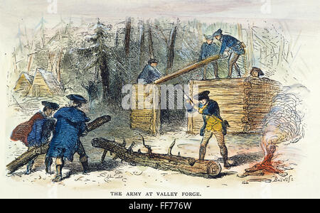 VALLEY FORGE: rifugi, 1777. /NGeorge Washington esercito dell edificio rude capanne in legno a Valley Forge durante l'inverno del 1777-78. Incisione su legno, xix secolo. Foto Stock