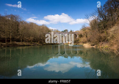 Una vista del paesaggio di sistemare il viadotto di mulino situato tra Monkton Combe e Midford, Near Bath Somerset, Inghilterra, Regno Unito il 6 aprile 2013. Il viadotto era parte del Somerset e Dorset unire ferroviarie, che sono state abbandonate dal 1966. Esso è accessibile a piedi o in ciclo sul restaurato due tunnel Greenway. L'acqua qui sotto è una piccola attività di pesca per persone disabili. Foto Stock