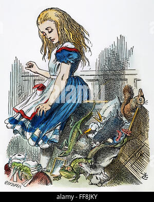 CARROLL: ALICE, 1865. /NAlice sconvolge la giuria box. Dopo la progettazione di Sir John Tenniel per la prima edizione di Lewis Carrol "Alice nel paese delle meraviglie". Foto Stock