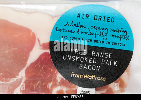 Pack di aria essiccata free range unsmoked bacon da Waitrose, indurito a mano e aria essiccata in Suffolk Foto Stock