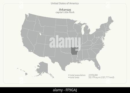 Stati Uniti d'America mappa isolato e Arkansas territorio dello stato. vettore politico USA mappa geografica design banner Illustrazione Vettoriale