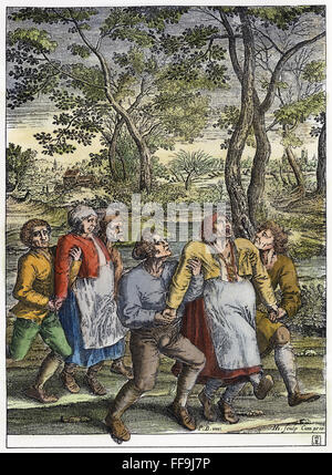 Huntington isteria, 1642. /NVictims dell'isterico dancing mania del tardo Medioevo (st Vitus dance/Huntington). La linea di incisione, 1642, dopo Peter Bruegel il Vecchio. Foto Stock